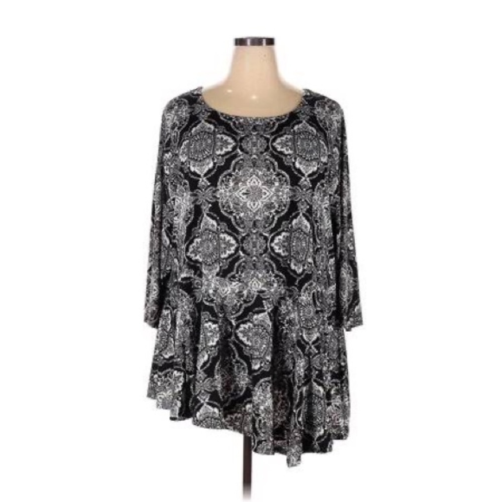 Roz & Ali Women's 1X Multicolor Paisley Long Sleeve Asymmetrical Hem Blo…